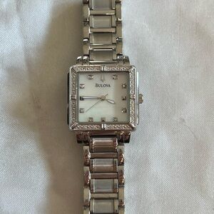 Bulova Silver-Toned, Diamond, and Mother of Pearl Women’s Watch
